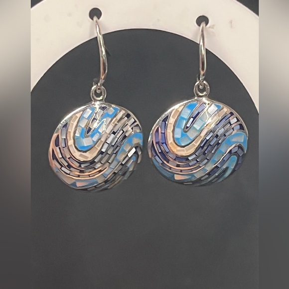 925 Sterling Silver MOP Turquoise & Lapis inlaid Mosaic Dome Earrings 1.25” - Picture 1 of 9